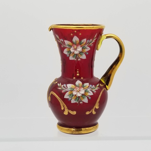 Ruby Red Glass Handpainted Miniature Vase Pitcher Gold Floral Italian Vintage - Picture 2 of 8